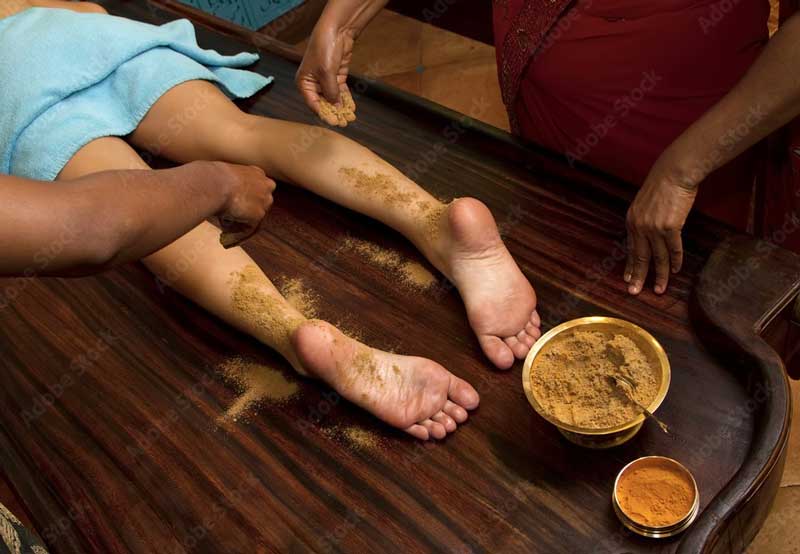 Pada Udwarthanam. (Foot & Leg Buff)
